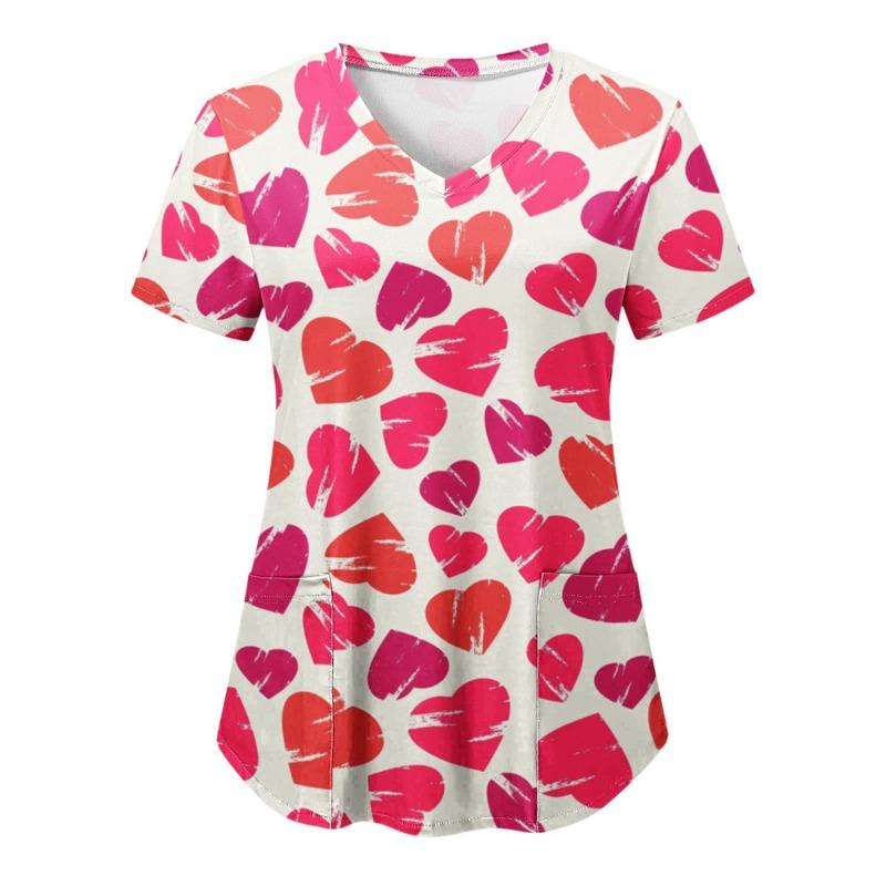 Топы женские хирургические с принтом медсестры с коротким рукавом и V-образным вырезом с рисунком Рабочие футболки с принтом сердца Медицинская туника для сиделок Рабочая одежда Топы