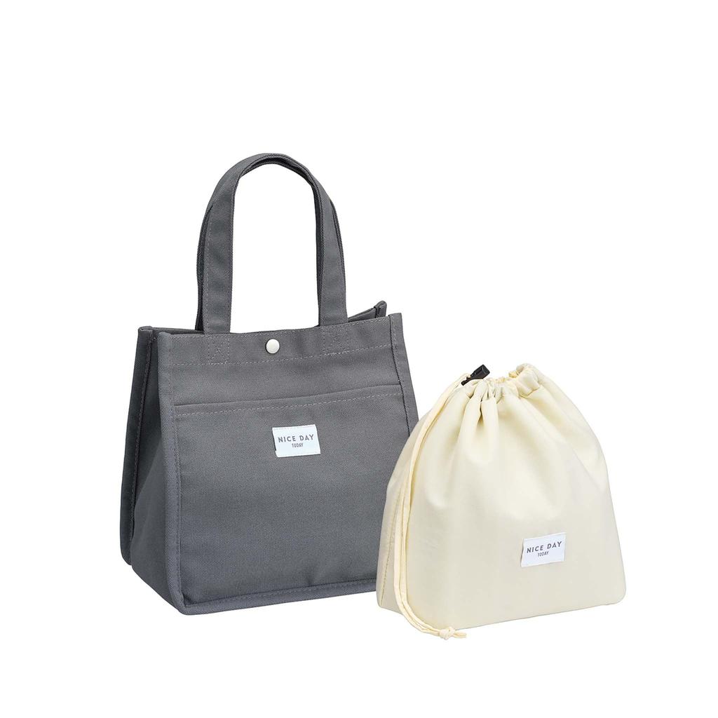 Iwasaki Industries Lustroware Lunch Bag Tote Bag with Insulated Drawstring Hand Gray GR Bag, Washable, LF-546