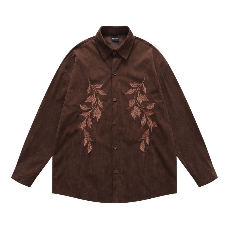 Mens Vintage American Corduroy Shirt Loose Fit Leaf Embroidery Long Sleeve Casual Top