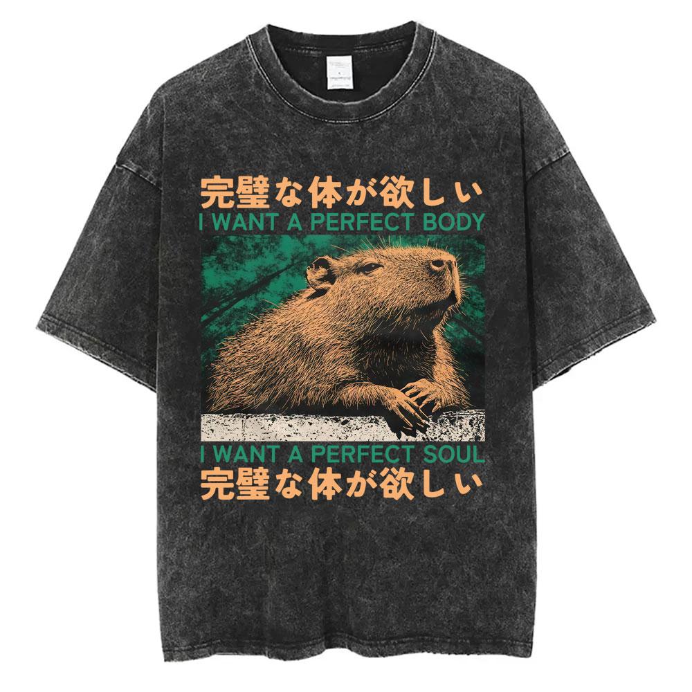 I Want A Perfect Body I Want A Perfect Soul Tshirt Funny Japanese Style Capybara Vintage Washed T Shirt Men Oversized Tees Tops