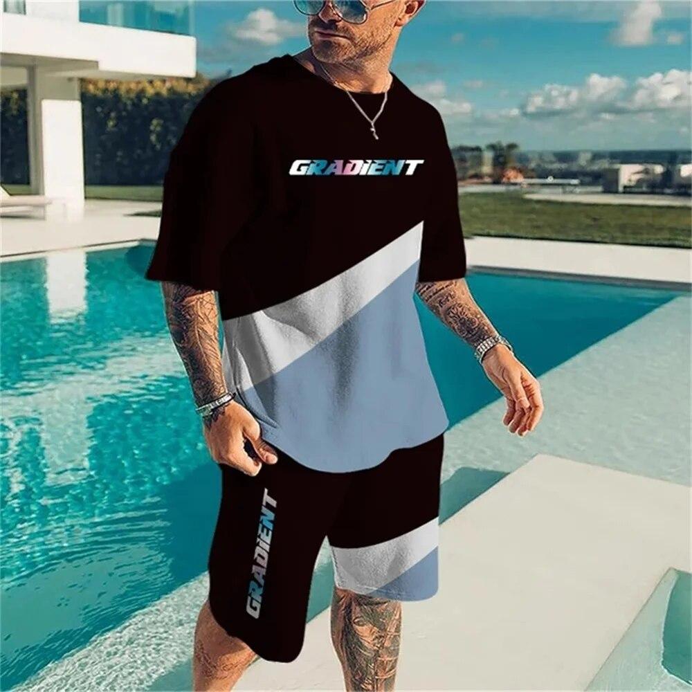 Summer New Men's Sportswear Patchwork Color Printing O-Neck T-Shirt 2-Piece Set Fashion Oversized Men's Tracksuits Casual Clothe