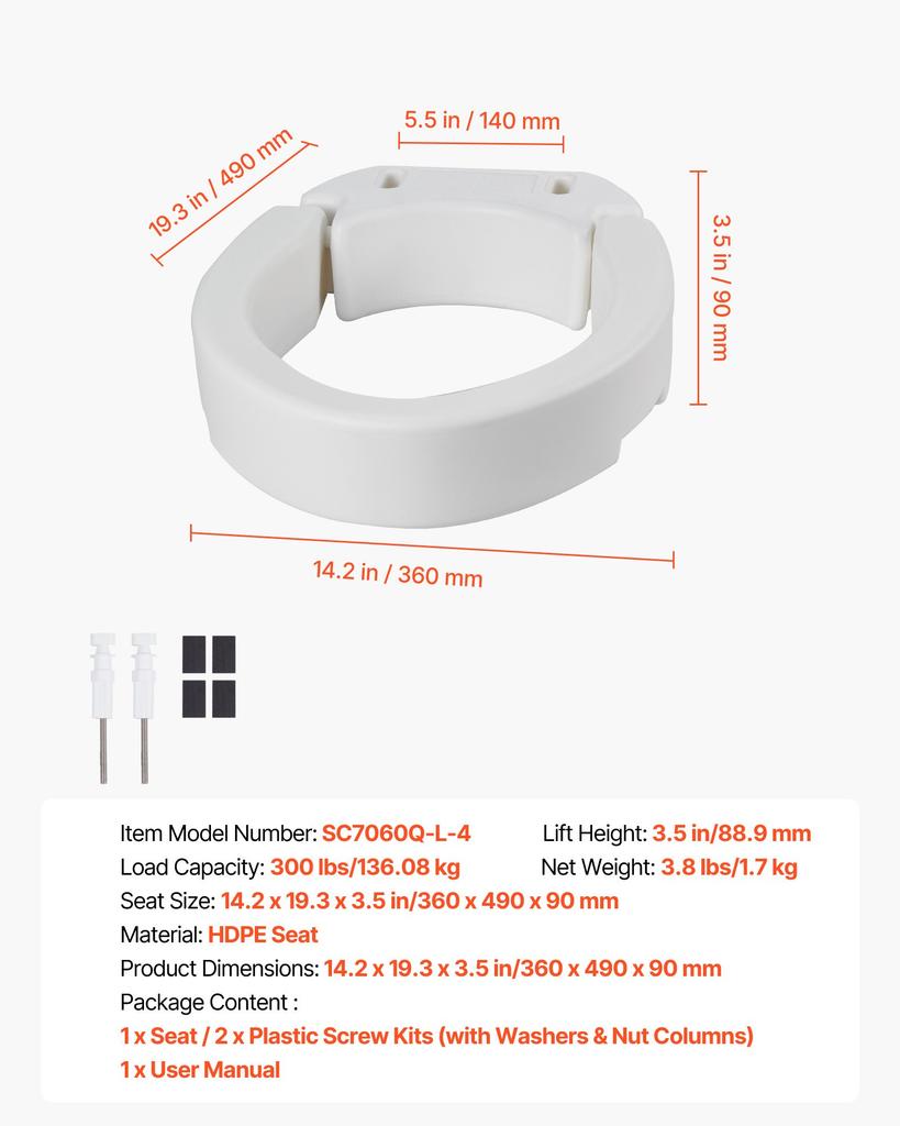 VEVOR Raised Toilet Seat, 136.1 kg Load Capacity, 88.9 mm Lift Height, Commode Elevated Toilet Seat Riser with Enlarged Opening for Seniors, Elderly