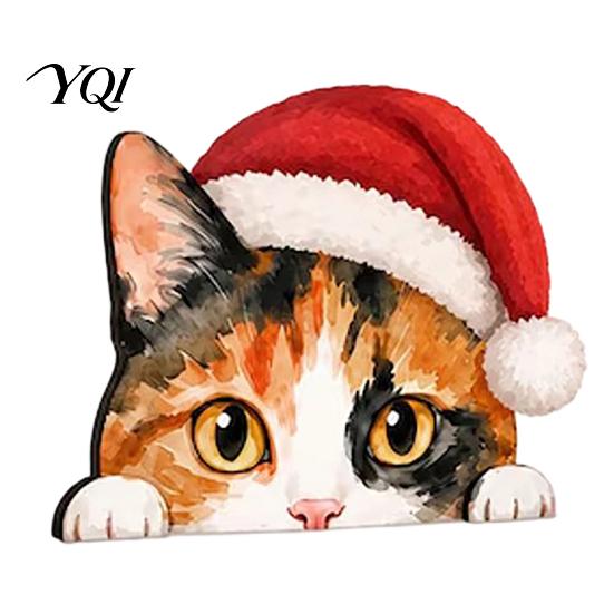 Festive Home Decor Cute Cat Shelf Sitter, Wooden Christmas Hat Peeking Desk Figurine, Funny Animal Scene Accessories Sign, Lover Gift for Holiday