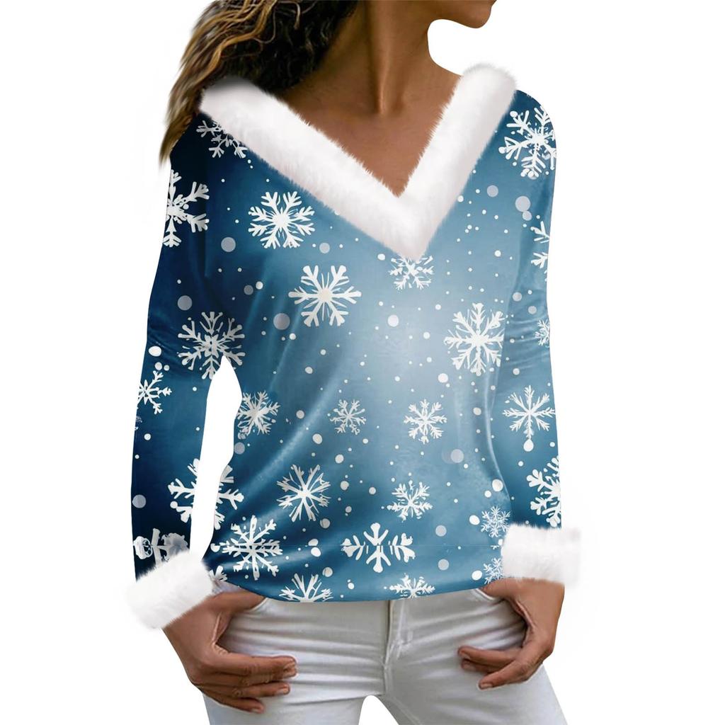 Женская футболка с рождественским принтом, футболка с длинным рукавом, флисовый воротник, топ с V-образным вырезом