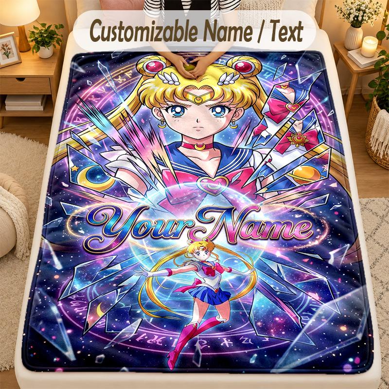 Flannel BlanketSailor Moon Custom Name Text Personalized Soft Warm Throw Blanket Home Decor Gift