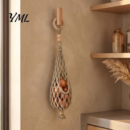 Rustic Kitchen Hanging Storage Handwoven Cotton Rope Mesh Bag, Wall-Mounted Bohemian Style Organizer, Onion And Potato Keeper Breathable Teardrop