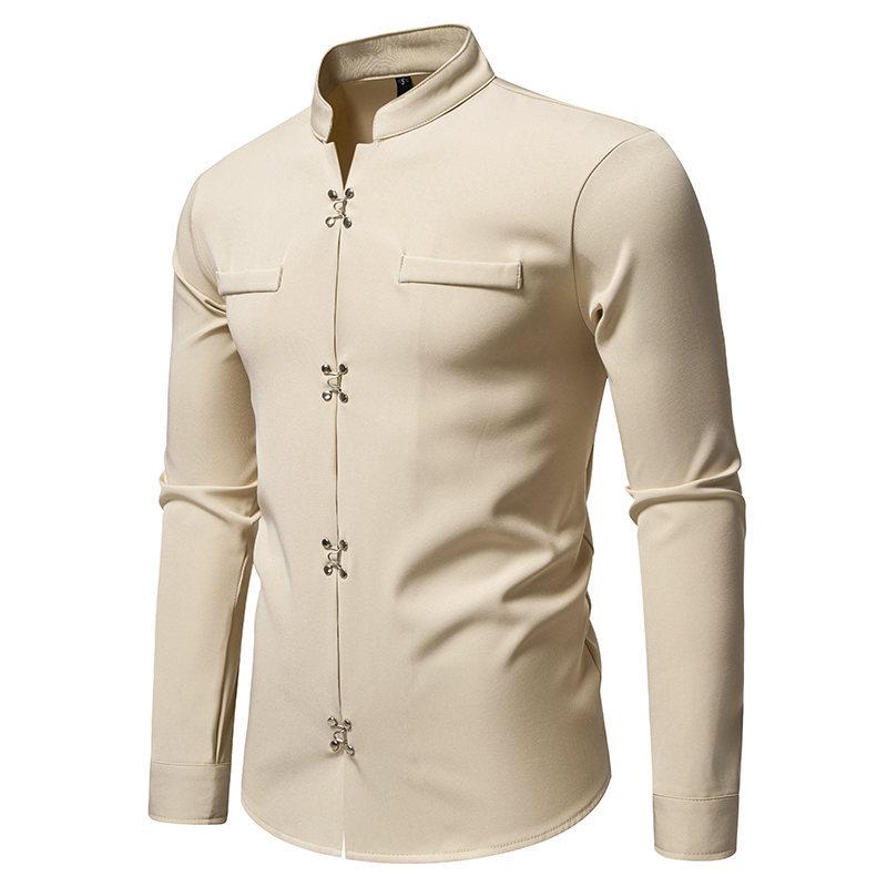 Men's Casual Solid-color Long-sleeved Shirt, Men's Slanted Front Button-down Stand-up Collar Shirt