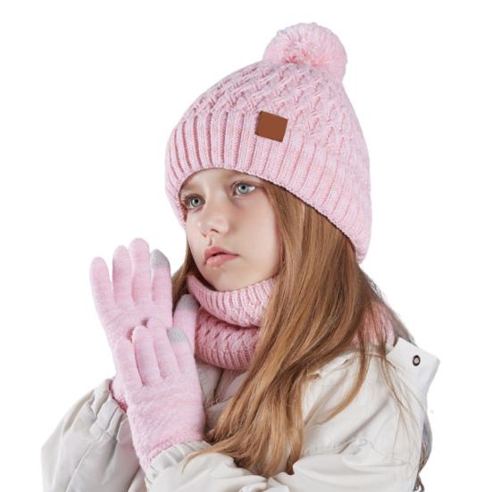 Kids Winter Hat Gloves Scarf Set Girls Boys Knit Hat with Pom Neck Warmer Mittens Set Toddlers Cold Weather Accessories for Kids 4-10 Years