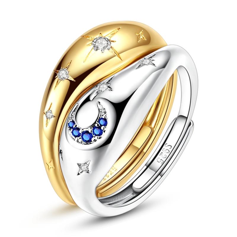 925 Sterling Silver Adjustable Size Rings Two Tone Wave Stars and Moon Open Rings Set For Couple Jewelry Women Gift