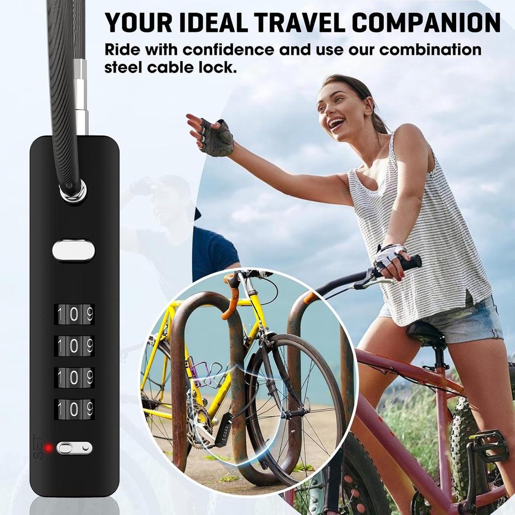 Cable Lock with Combination, Keyless Combination Lock with 12" Steel Rope, Retractable Cable Ski Lock with 4-Digit Password for Bicycle, Fence,