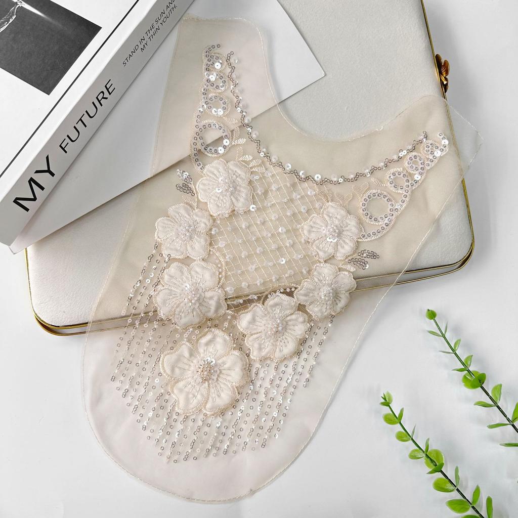 Fashion Mesh Beaded Sequins Embroidery Flower Cloth Sticker Lace Embroidery Placket Collar Wedding Dress Accessories Decal