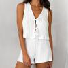 White bubble crepe sleeveless lace-up vest hot pants set 1116 European and American spring and summer fashion new wholesale two-piece set