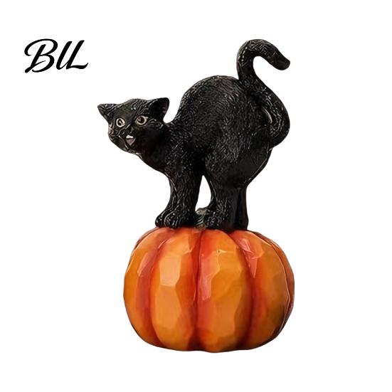 Seasonal Festive Atmosphere Props Halloween Black Cat Pumpkin Ornament, Vintage Wood Carving Style Retro Decor Resin Figurine, Spooky Tabletop