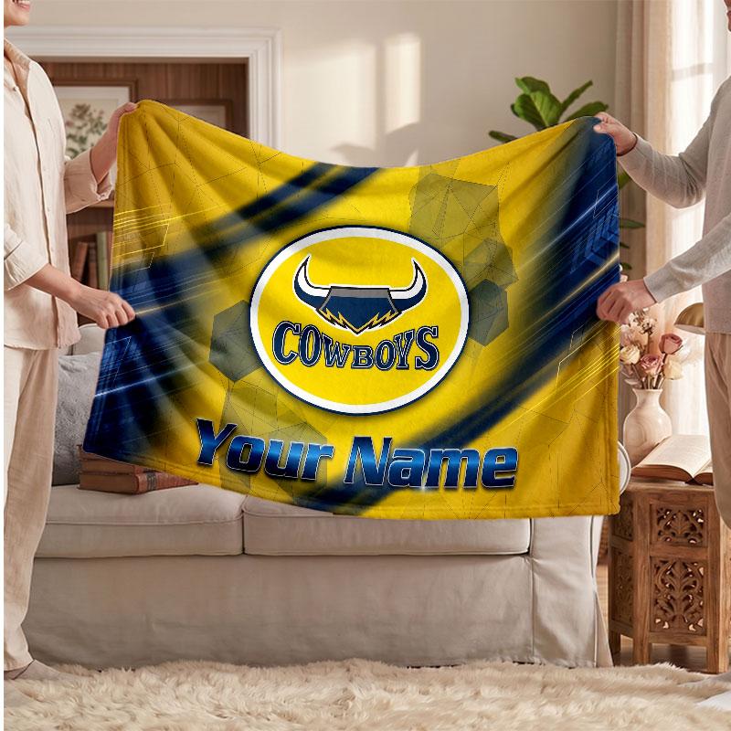 North Queensland Cowboys Flannel Blanket, Custom Name Text Personalized Soft Throw Blanket Home Decor Gift