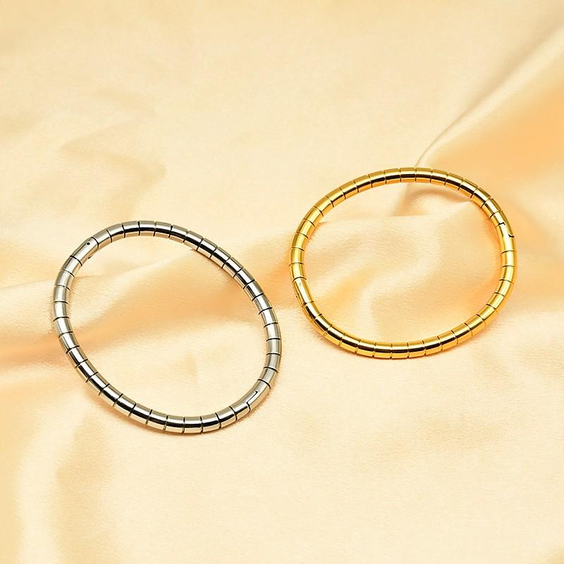 Stainless Steel 18K Gold Plated Bamboo Segment Oval Clasp Bracelet Minimalist Solid Round Bone Design Women