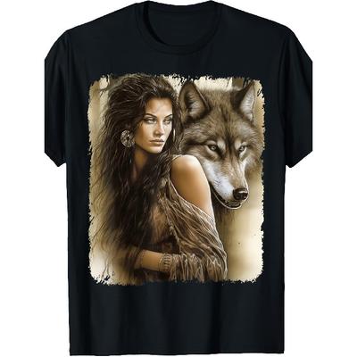 Woman And Grey Wolf Fantasy T-Shirt Men'S Casual Clothes Perfect For Home|Outdoor|Work|Gifting (Birthdays|Valentine'S Day|Mother'S Day) All Sizes