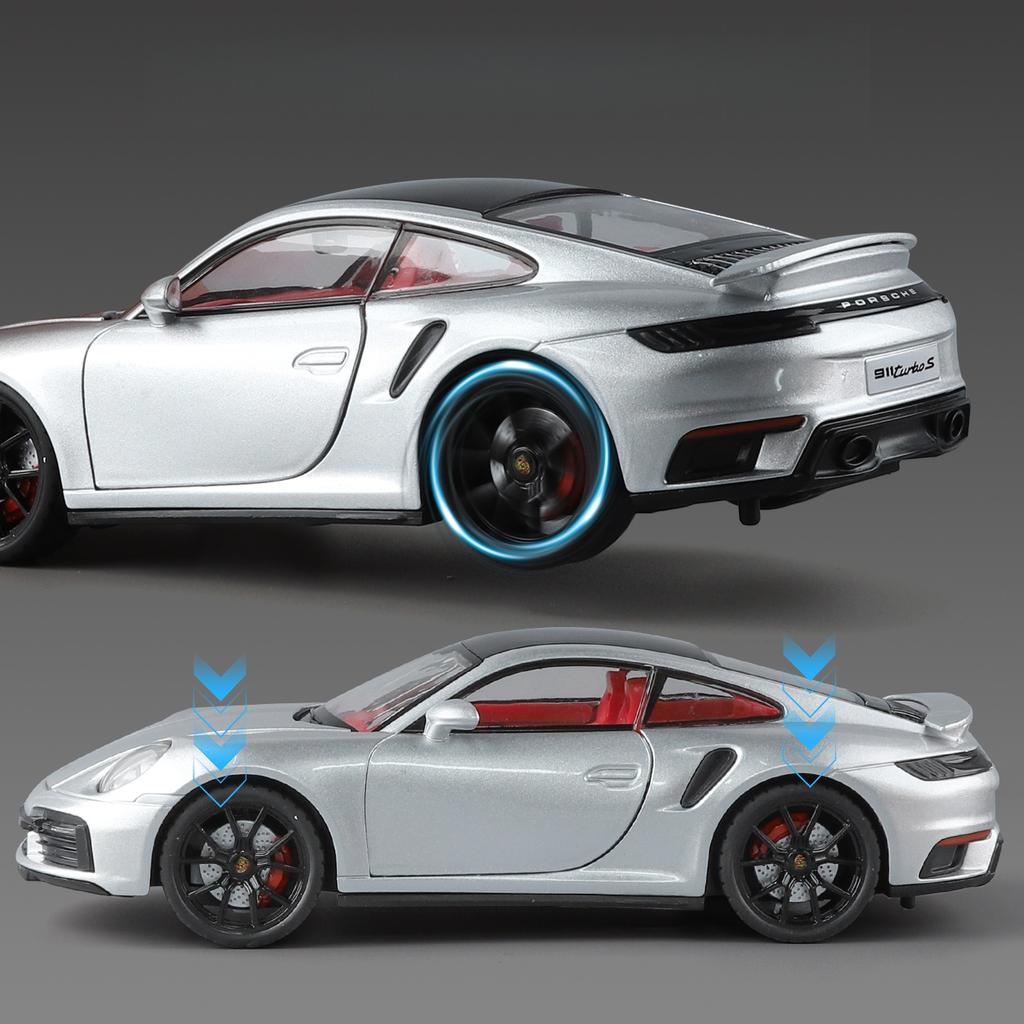pdbn6 1/24 Porsche 911 Turbo S Diecast Alloy Metal Toy Car Miniature Model Pull Back Sound & Light Doors Openable Collection Gift Boy