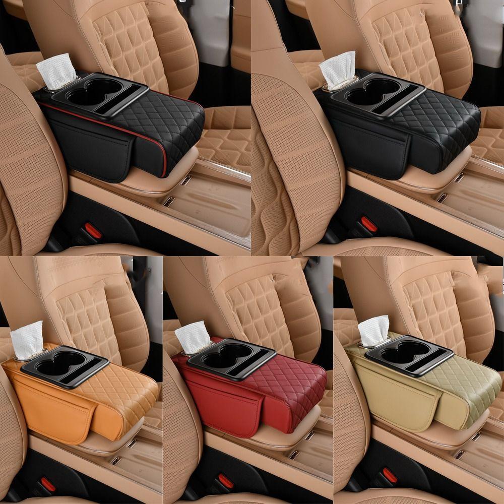 PU Leather Center Console Armrest Cushion Multifunctional Tissue Box Durable Cup Holder Car