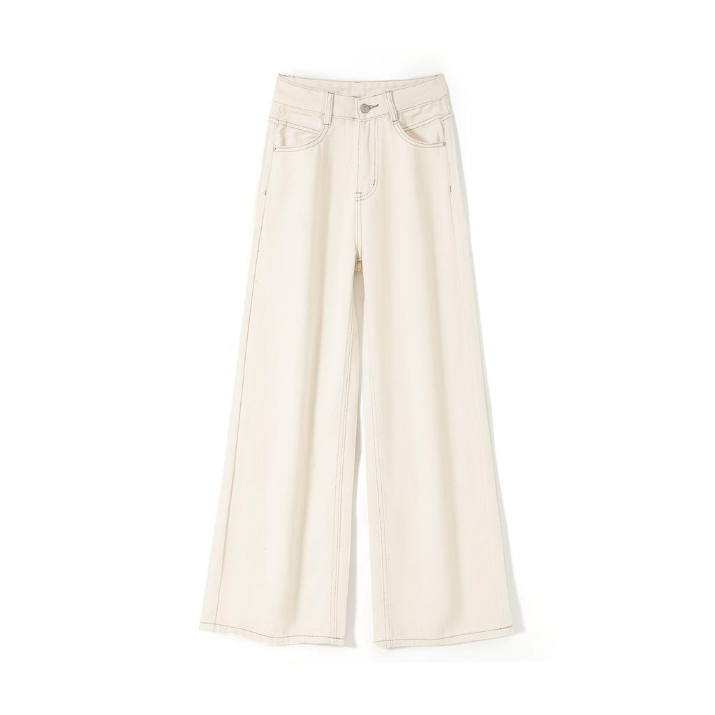 Summer casual wide-leg jeans women's loose solid color non-elastic long breathable thin apricot jeans casual pants