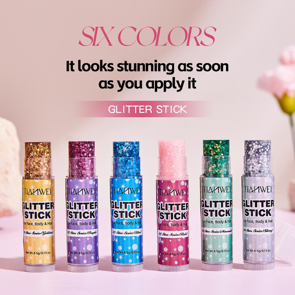 6-Pack Glitter Stick Set, Sequin Gel Face, Waterproof and Sweat Proof, Long-Lasting Shine, Multiple Colors, A Shiny Makeup Look