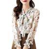 J-Scott Floral Bowtie Blouse, Chiffon, Puffy Sleeves, Gathered Cuffs, Lined, Long Sleeves, Feminine, White, JS76-WH-XL