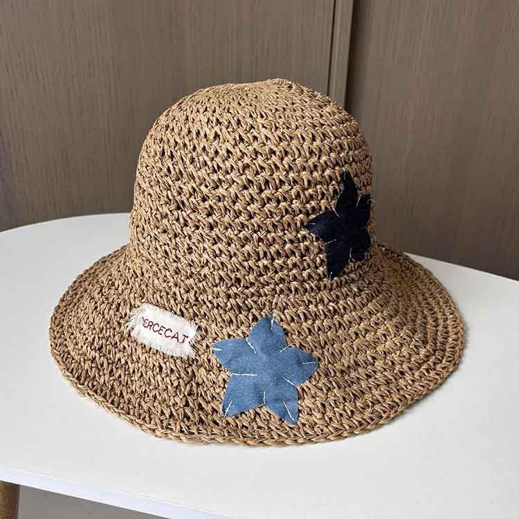 Star patch hollow straw hat women's summer big edge foldable beach hat travel versatile sunscreen visor hat