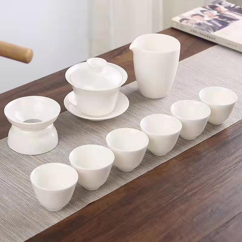 Suet jade kung fu tea set ceramic cover bowl teacup white porcelain brewing teapot tea set annual meeting gift set printing