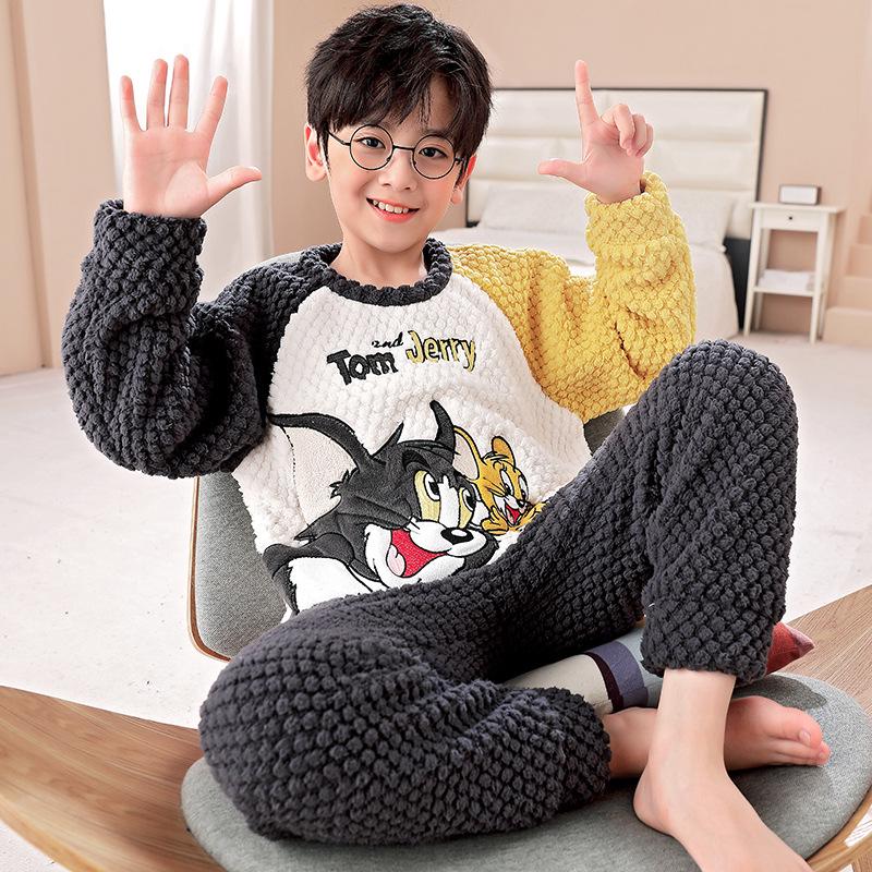 Фланелевая пижама с рисунком для мальчиков - длинный рукав, круглый вырез, коралловый флис, осень/зима