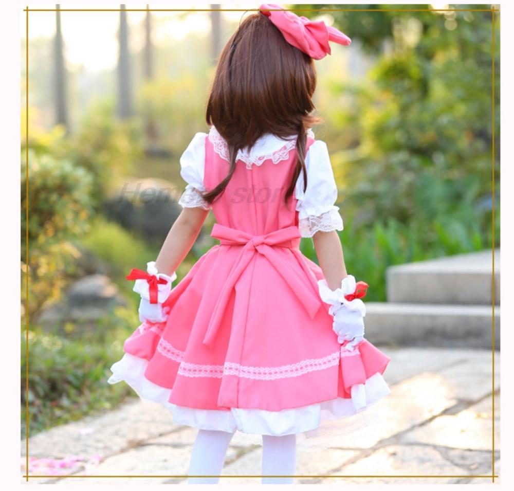 Anime Girls Pink Carcaptor Sakura Princess Dress Cosplay Costume Lolita Dress For Card Combat Uniform Apron Dress with Hat