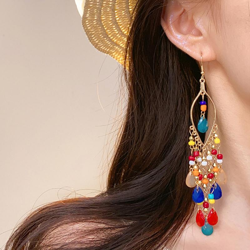 Classic Vintage Long Water Drop Earrings for Women Bohemian Creative Multilcolor Temperament Ethnic Earring Vacation Jewelry