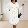 Women Plus Size V Neck Long Sleeve Printed Dress Black Green Gold Loose Fit Curved Hem