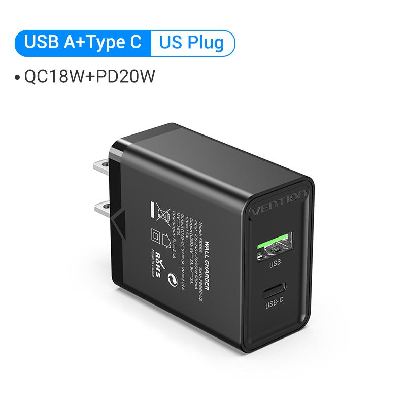 38W Fast USB Charger Vention Type C PD Fast Charging for iPhone 13 11 USB Quick Charge with QC 4.0 3.0 USB Portable Phone Charge