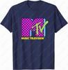 MTV Music Television Ретро 80-е Неоновый Розовый Шахматный Логотип Унисекс Взрослый Хлопковая Футболка Трендовая Забавная Графическая С Круглым Вырезом Печатные Топы