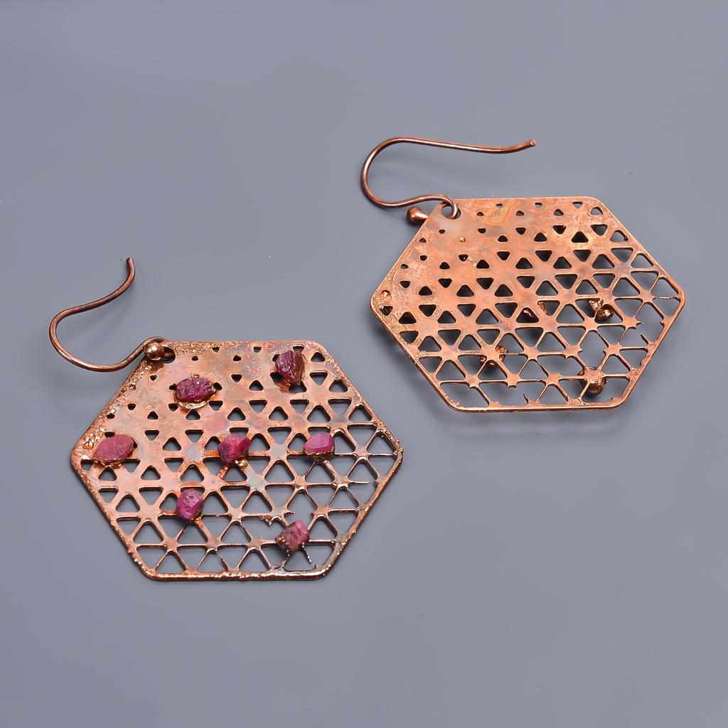 Серьги-подвески из меди с розовым рубином, гальванопластика, подарок для друга, ювелирные изделия V-45