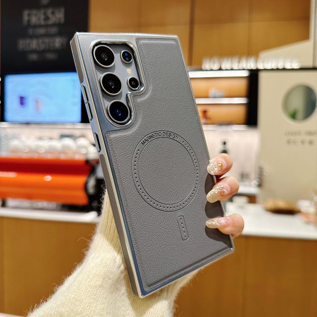 Samsung S25 Ultra Гальванизированный Кожаный Узор Магнитный Чехол для Телефона Samsung S24 Ultra Противоударный и Противоскользящий Чехол с Ощущением Кожи