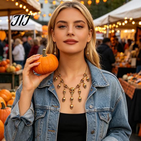 Alloy Necklace Set Halloween Skull Jewelry for Women, Tassel & Spooky Theme Dangle Earrings, Punk Gothic Accessories Costume Party Dark Aesthetic