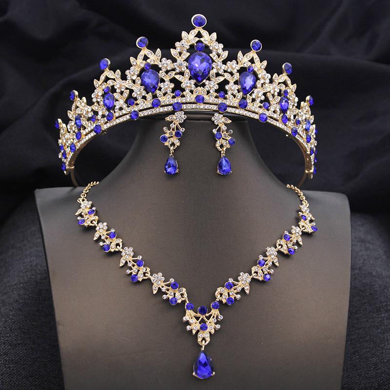 Opal Blue Tiaras Sets Bridal Jewelry Set for Princess Wedding Crown and Necklace Earring Prom Birthday Dress Costume Accessories