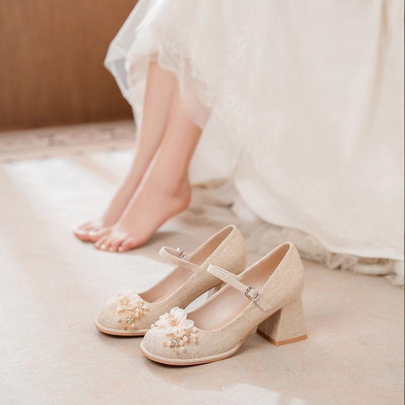 Medium Heel Thick Heel Shoesfemale Bridesmaid Thick Heel Women's Single Shoes 2025 with Skirt Wedding Shoes Small Man Mary Jane Single Shoe Girl