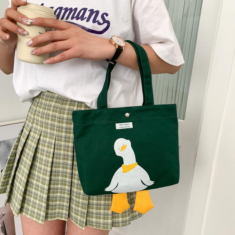 Cute Duck Canvas Tote Bag for Women, Small Handheld Shoulder Purse, Kawaii Cartoon Crossbody Bag for Daily Outings KTB
