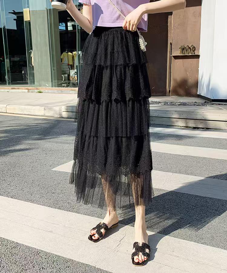 Элегантная женская многослойная сетчатая юбка А-силуэта с кружевом - Осенне-зимняя стройнящая длинная юбка