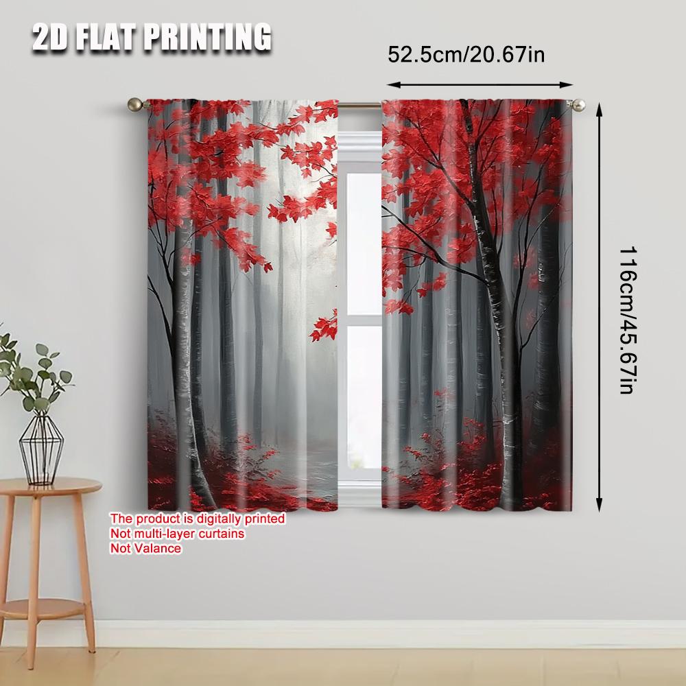 2pcs, Fashionable Curtains Print Art Deco Red Leaves Tree Print Versatile 100% Polyester (without Rod) All Seasons Perfect