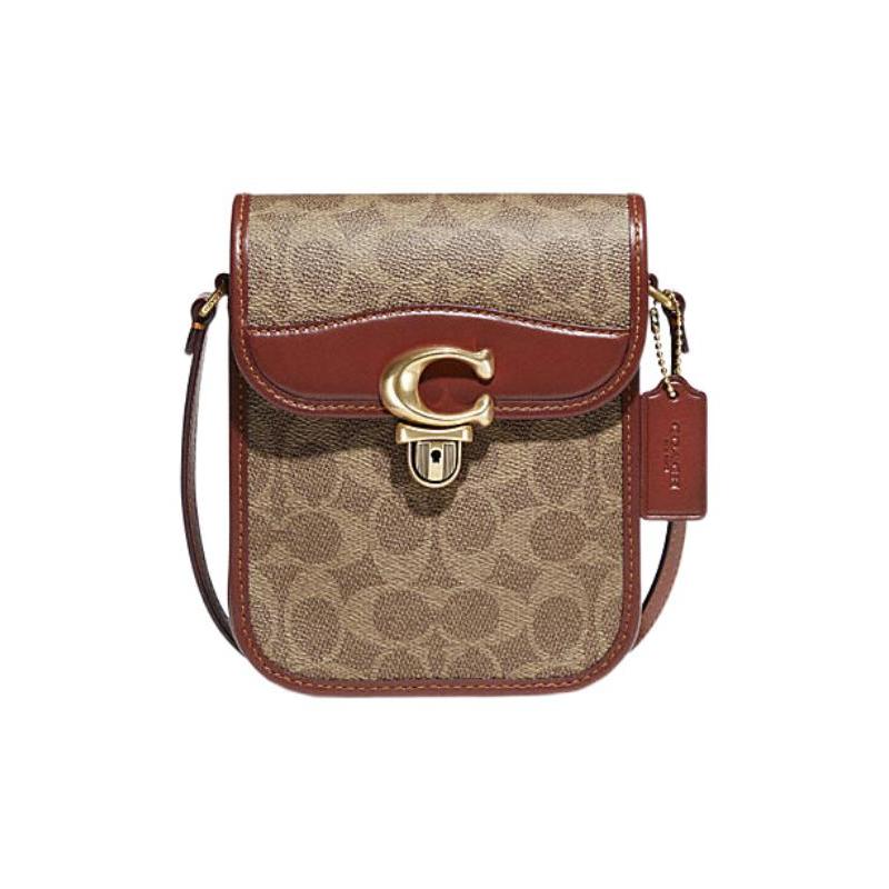 COACH Studio 14 Classic Presbyopia Pattern Flap Closure Coated Canvas and Calf Leather Shoulder Crossbody Bag Mini Women's Khaki and Brown Red