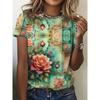 Women's Summer Round Neck Short Sleeved T-shirt with 3D Romantic Rose Print Casual Top Breathable Machine Washable Suitable for Outdoor Daily Wear