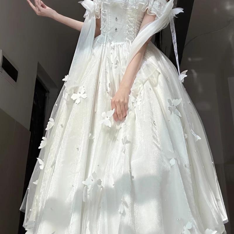 Лолита Богиня Фея Платье Весна Лето Бисер Бабочка Белый Длинный Отпуск Элегантный