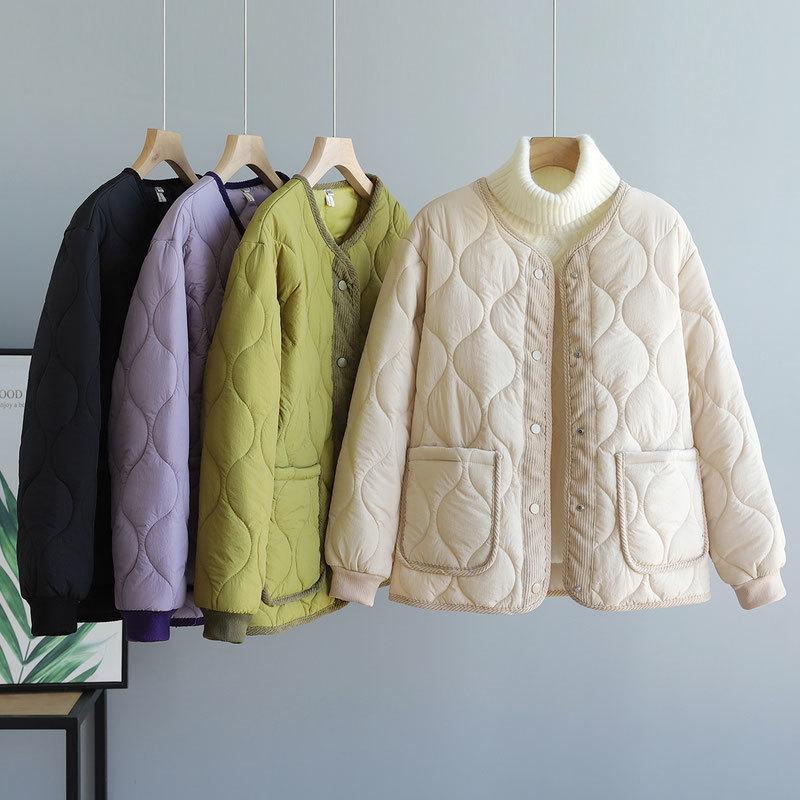 Corduroy Patchwork Quilted Jacket Winter Women Clothing Parkas Warm Cotton-padded Jacket Lightweight Coat Single-breasted Tops