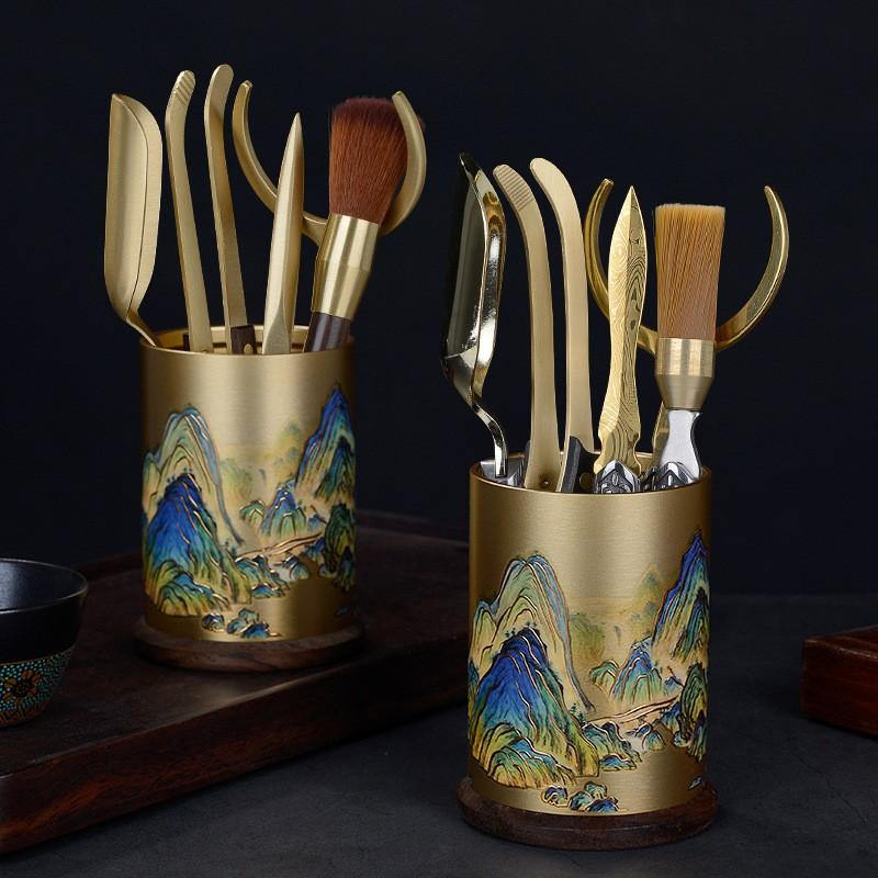 Brass Tea Ceremony Tools Set With Ebony Wood Holder Six Piece Accessories Gaiwan Brewing
