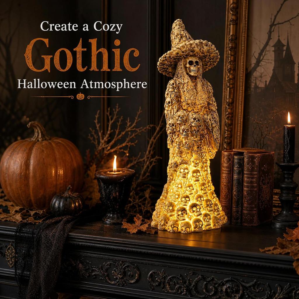 Halloween Skull Witch Decoration with LED Glow Gothic Skull Home Decoration Black with Light