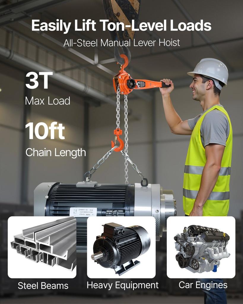 Manual Lever Chain Hoist, 3T 3000KG Capacity Heavy Duty Come Along, 3M Lift G80 Alloy Steel Chain With Dual Pawl Mechanical Brake, 360° Rotating