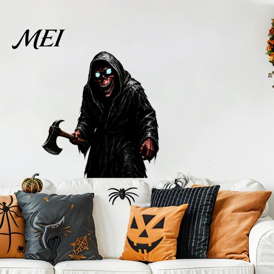 Dark Reaper Glass Stickers Halloween Wall Sticker, Scary Black Robed Demon with Ax Decal, Creepy Man Decor PVC Waterproof Art for Home Window Decals