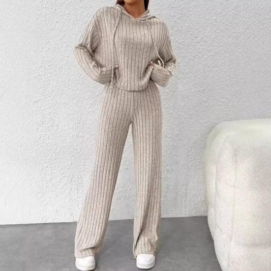 2 Pcs/Set Women Hoodie Pants Suit Drawstring Thread Long Sleeves Solid Color Top High Waist Wide Leg Sport Trousers Spring Fall Tracksuit